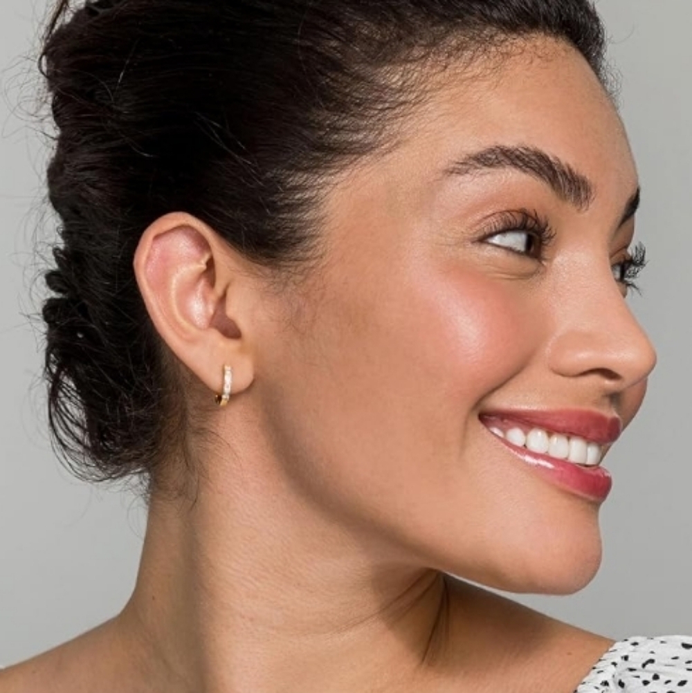 14K Gold Plated Pave CZ Huggie Hoop Baguette Earrings - Picture 3 of 5